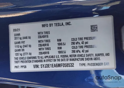 2021 Tesla Model 3 Standard Range Plus Rear-Wheel Drive из США, поврежденный, VIN 5YJ3E1EA6MF058532